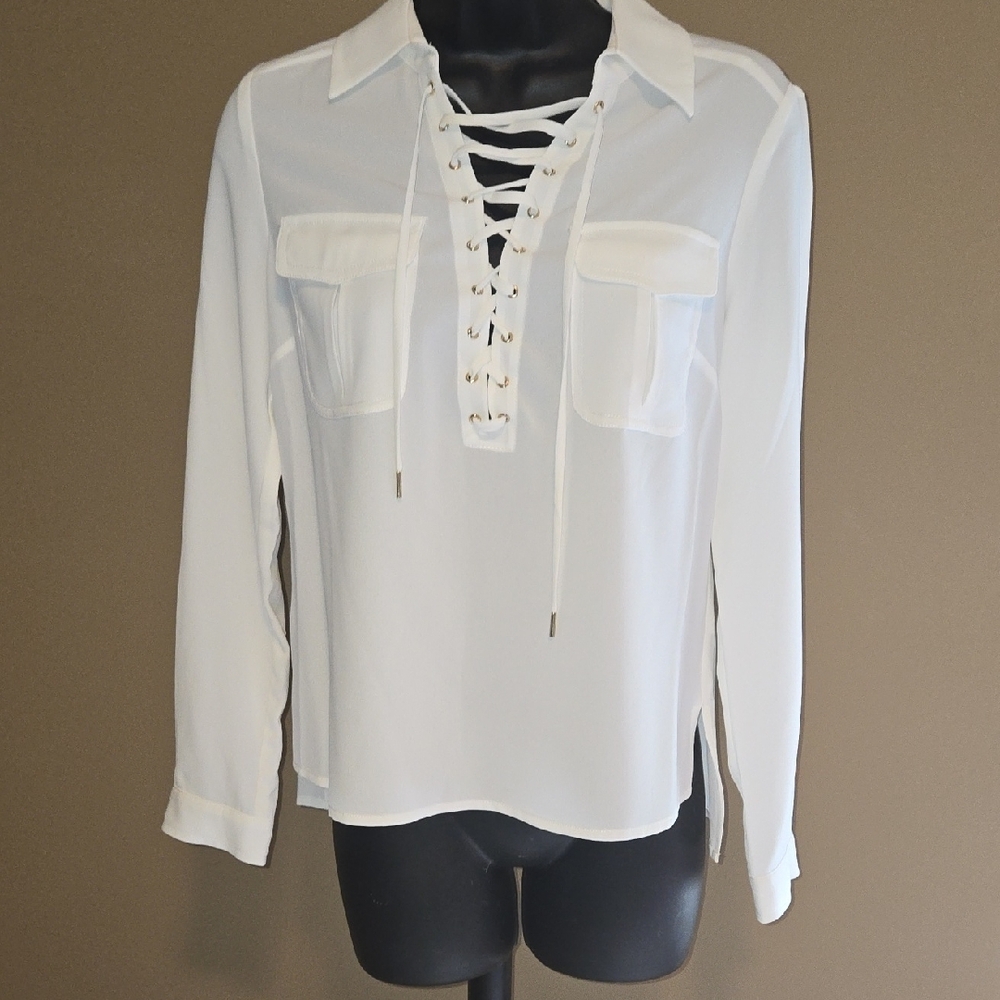 bebe White Lace-Up Blouse